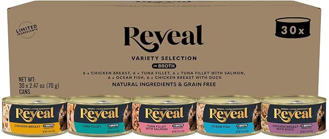 Reveal Natural Wet Cat Food, 30 Count, Grain Free, Limited Ingredient Canned Food for Cats, Fish and Chicken Variety in Broth, 2.47 oz Cans