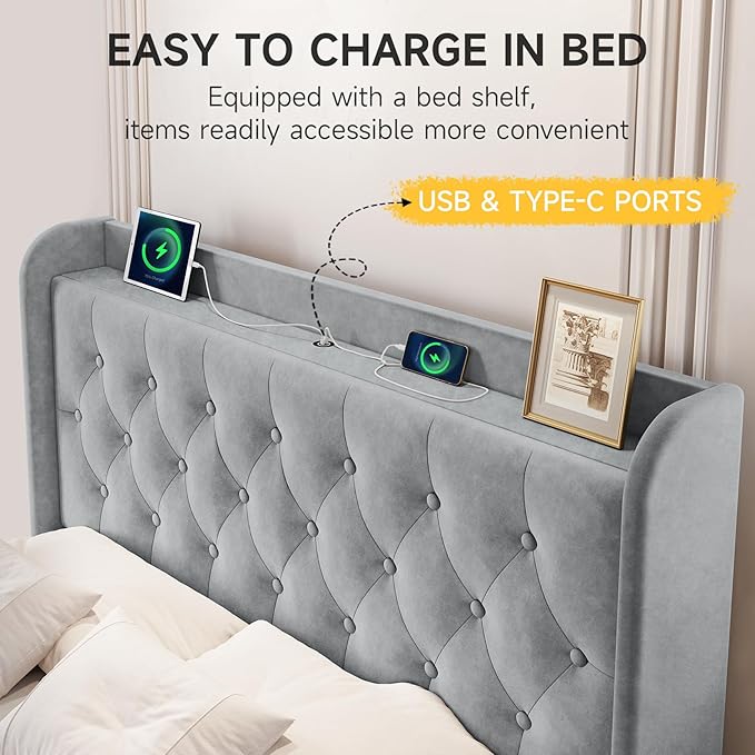 koorlian Queen Bed Frame with Headboard, Adjustable Velvet Upholstered Bed Frame with Type-C&USB Ports, Wingback Storage Headboard, Solid Wood Slats Support, No Box Spring Needed, Light Gray
