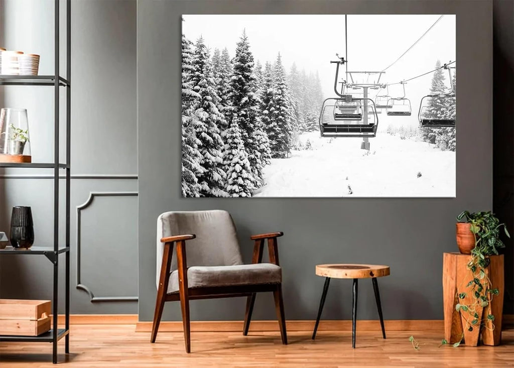 Nature Wall Art Prints - Ocean Forest Mountain Lake Canvas Landscapes - Small to Extra Large Living Room Bedroom Kitchen Bathroom Décor (Ski Lift on Snowy Mountain, 35L" x 53W")