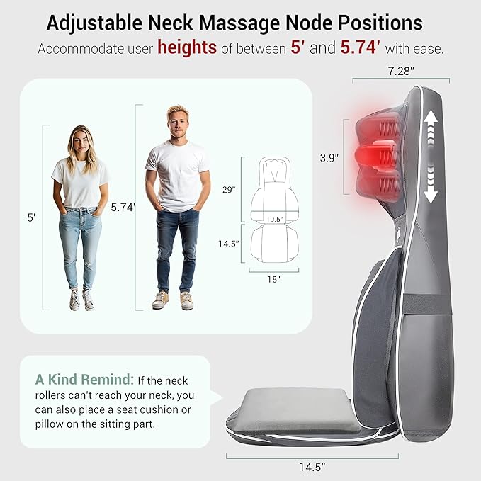 Mynt FSA Eligible HSA Approved Shiatsu Neck and Back Massager for Chair with 10 Deep Kneading Nodes, 2D & 3D Adjustable Back Massage with Heat, Portable Massage Chair Pad (Gray)