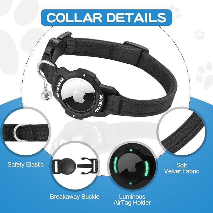Luminous AirTag Cat Collar Breakaway, OUCWLTAG GPS Cat Collar with Apple Air Tag Holder, Cat Tracker Collars with Safety Elastic Band for Girl Boy Cats, Kittens and Puppies (Black, 7-10 Inch)