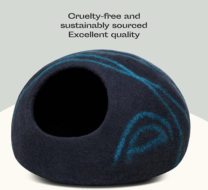 MEOWFIA Cat Cave – Premium Felt Cat Bed for Indoor Cats, Handmade 100% Merino Wool (Large, Black Aqua)