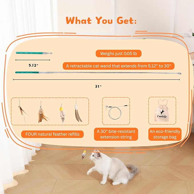 Cat Wand Toy – Retractable Wand with 4 Feather Toy Refills for Indoor Cat Enrichment, Interactive Toy for Bored Adult Cats and High-Energy Kittens (FlutterFlick Series)