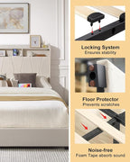 Queen Bed Frame, Velvet Upholstered LED Platform Bed with Headboard Storage, Queen Bed Built-in Charging Station with 4 Drawers, Wood Slat Support, No Box Spring Needed, Beige