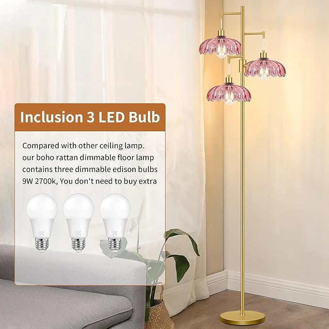 Vintage Floor Lamps for Living Room-3 Light Gold Dimmable Floor Lamp with Three Bulbs & Glass Lampshape, Mid Century Modern Standing Lamp Tree Tall Flower Floor Lamp for Bedroom Living Room,Corner