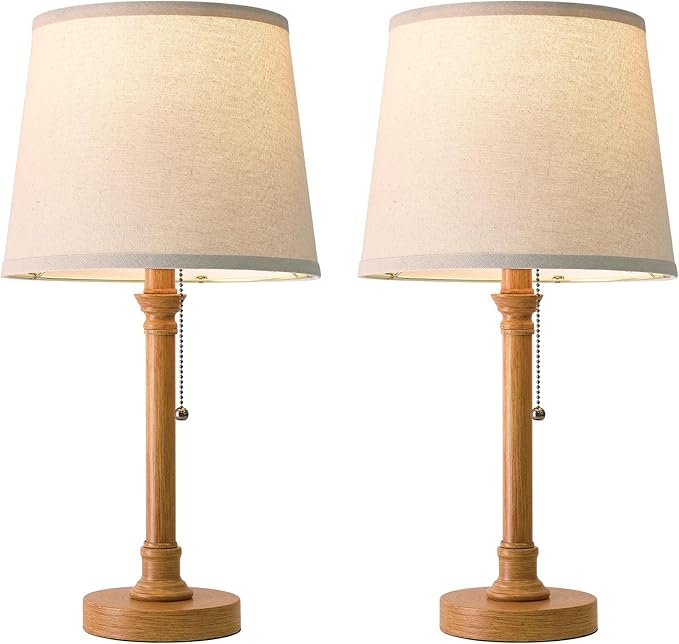 Oneach 19.5" Wood Grain Table Lamps Set of 2, Pull Chain Switch Bedside Table Lamps, Modern Nightstand Lamp with Linen Shade, Small Desk Lamp for Living Room, Bedroom, Home Office, Nursery