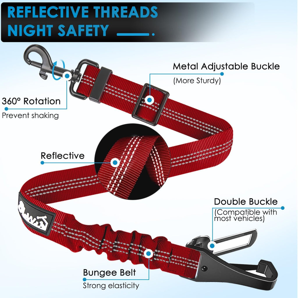 Lukovee Dog Seatbelt Leash for Cars, 2 Pack Pet Safety Seat Belt with Adjustable Buckle & Reflective Bungee, Connect Dog Harness in Vehicle Dogs Restraint Travel Daily Use (Red)