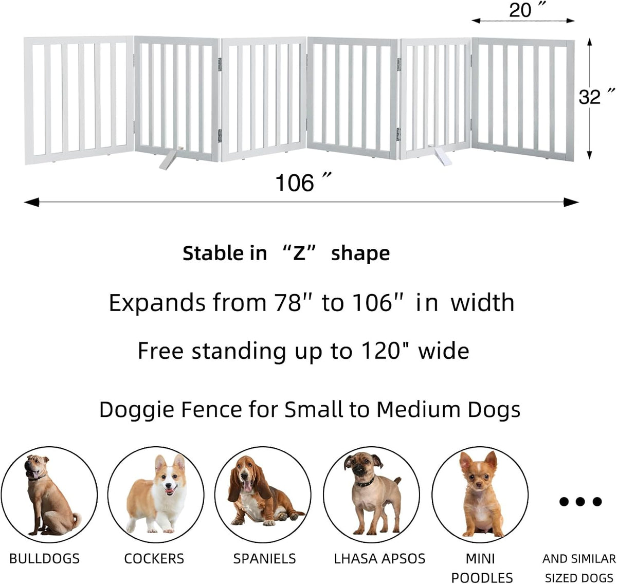 ZJSF Freestanding Indoor Dog Gate for House Foldable Wood White Puppy Gate for Doorways Pet Gate for Stairs Extra Wide Pet Fence 32" Height 6 Panels