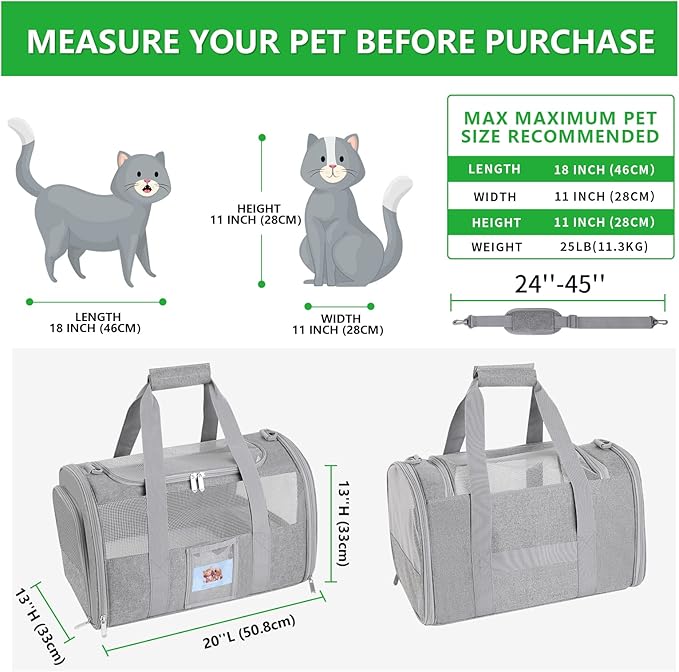 20" Large Soft Sided Cat Carrier Pet Carrier for Cats Dogs Under 25 lbs, Folding Dog Carrier Cat Carrier for 2 Cats Travel Carrier Bag, Grey