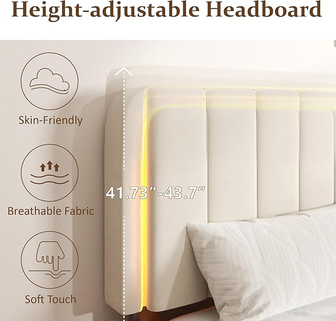 Queen Size Bed Frame with LED Lights, Upholstered Platform Bed with Adjustable Headboard, No Box Spring Needed, Noise-Free, Easy Assembly, Velvet Beige