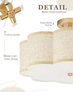 Gold Semi Flush Mount Ceiling Lights, 4-Light 18" Brass Light Fixtures Ceiling Mount with Linen Fabric Drum Shade in Flower Shape for Nursery Bedroom Kitchen Hallway, AD-22009-4SF-GD-B