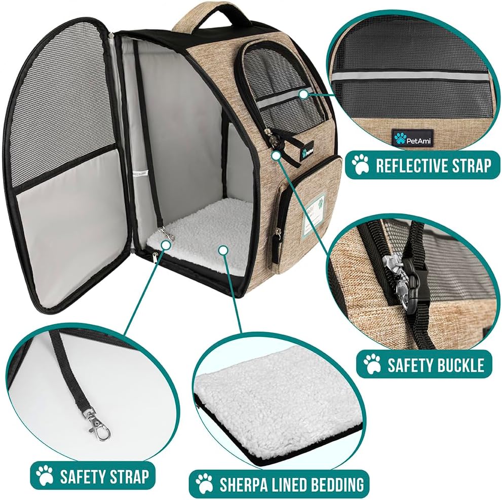 PetAmi Dog Backpack Carrier for Small Large Cat, Pet, Puppy, Ventilated Pet Hiking Backpack Travel Bag, Airline Approved Cat Backpack Carrier, Camping Biking Dog Bag Up to 18lbs Pet, Taupe