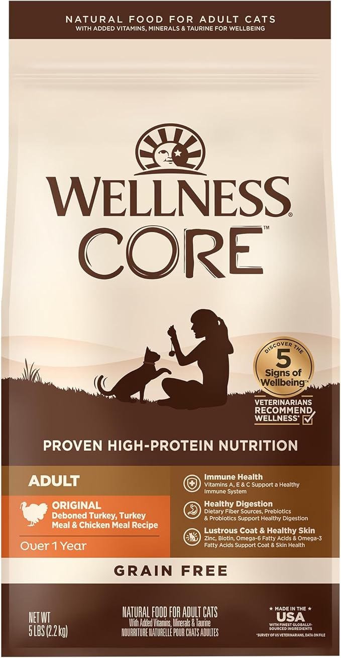 Wellness CORE Adult Dry Cat Food for Indoor & Outdoor Cats, Grain-Free, Natural, Original Turkey, Turkey Meal & Chicken (5 Pound Bag)