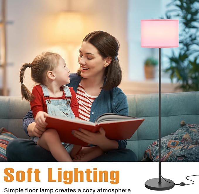 Ambimall 60'' Modern Floor Lamp with Shade, Tall Lamps for Living Room, Bedroom, Office, Dining Room, Pink Shade with Black Pole(Without Bulb)
