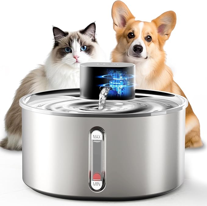 No Pump Cat Water Fountain, 3.2L/108oz Wireless Stainless Steel Pet Water Fountain, Cordless Automatic Dispenser, Battery Operated Cat Fountain with Motion Sensor, Dual Mode