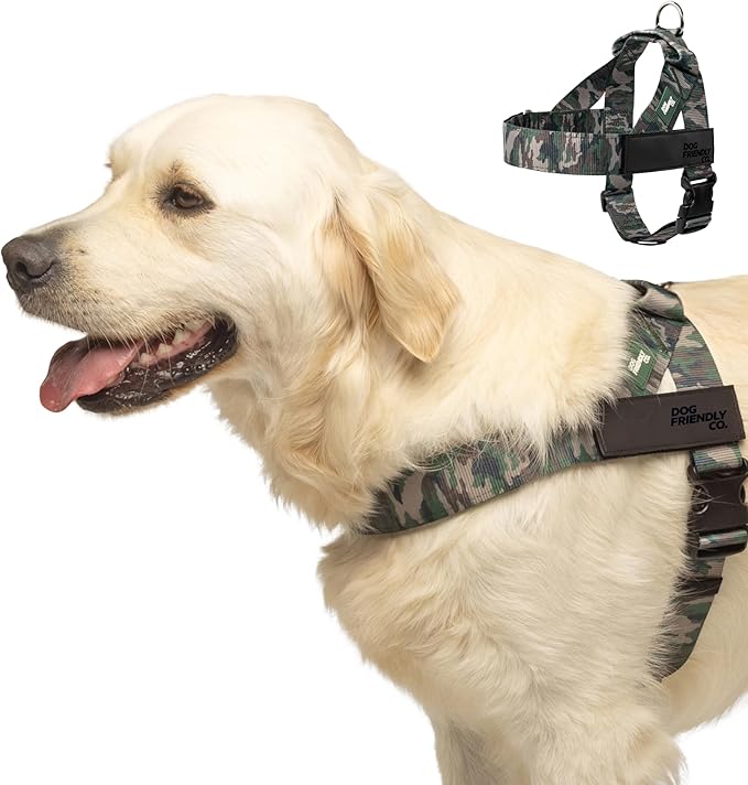 Dog Friendly Co. Dog Harness for Small Dogs (Green Camo, Large) | One Click Buckle, Chafe Resistant Webbing, Adjustable Neck & Chest, and Heavy Duty D-Ring, Sturdy Comfortable and Easy to Use