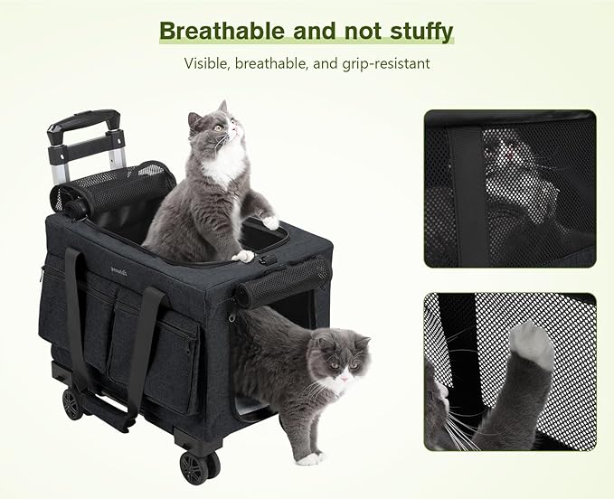 Pecute Cat Carrier with Wheels,Steel Wire Frame Cat Carrier, Stable Pet Trolley Bag for Cats, Pet Handbag and Stroller, Portable Cat Carrier Bag for Car Travel Bus Subway, Dark Grey