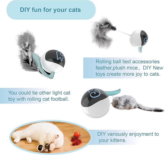 Migipaws Interactive Cat Ball Toy Set, Fun Tracker, Automatic Rolling Chase Ball with Fluffy Tail, A Small Mice, Rechargeable (White)