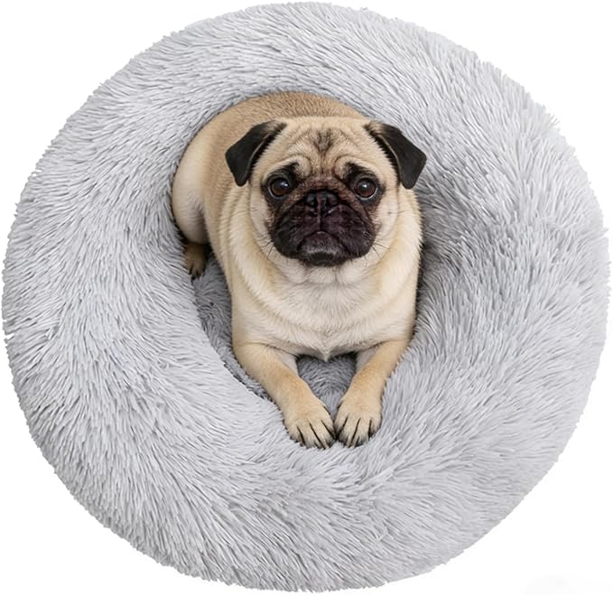 Calming Donut Dog Bed Medium Size Dog - Washable Removable Cover Non-Slip Bottom, Round Pet Bed Cat Bed Warming Fluffy Plush Faux Fur Anti-Anxiety, Fits up to 45 lbs (Light Grey, 30")