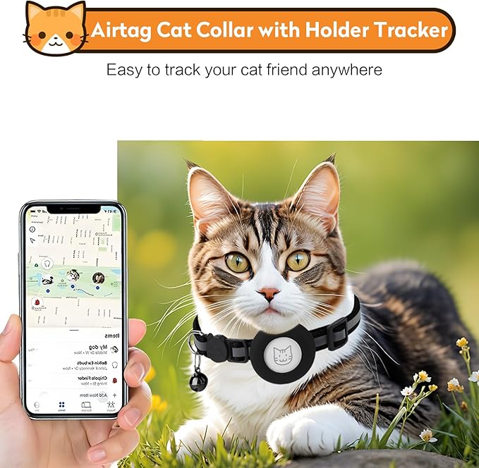 2 Pack Airtag Cat Collar with Bell, Reflective Nylon Kitten Collar with Apple Air Tag Holder and Breakaway Safety Buckle for Puppy Girl Boy Cats, 3/8" in Width and Lightweight, Yellow