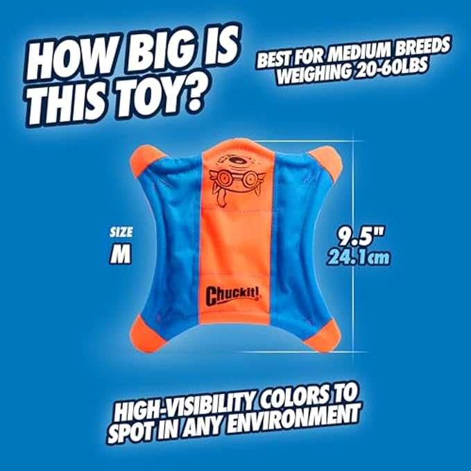 Chuckit! Flying Squirrel Fetch Dog Toy - Water Floating Flyer - Soft and Durable Polyester Canvas Construction - For Medium Dogs - Size Medium - 9.5-inch Diameter - Pack of 1 - Orange and Blue