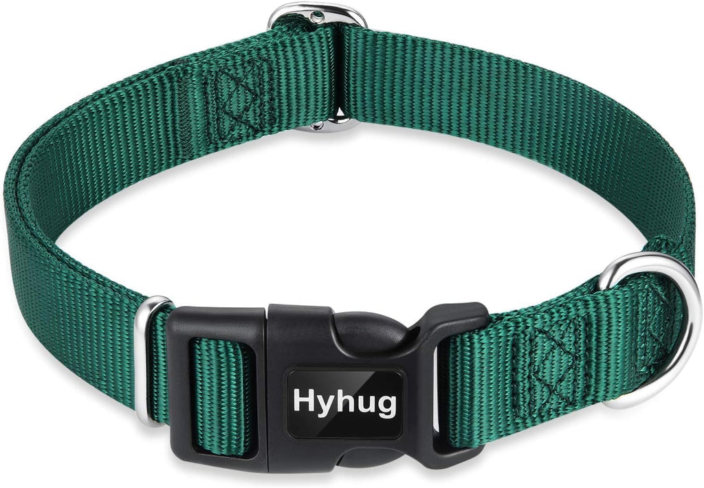 Hyhug Pets Solid Color Classic Regular Heavy Duty Basic Collar for Large Breeds Dogs Daily use, Unique Design Adjustment Triglide Slide Can Attached Name Tag Accessories. (Large, Dark Green)