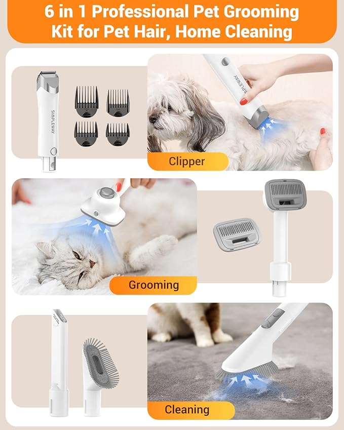 Dog Vacuum Grooming Kit for Shedding: Professional Hair Clippers Pet Groomer - Strong Suction Cleaner Deshedding Tool Fur Brush Attachment Trimmer for Home Cat (Pale White)