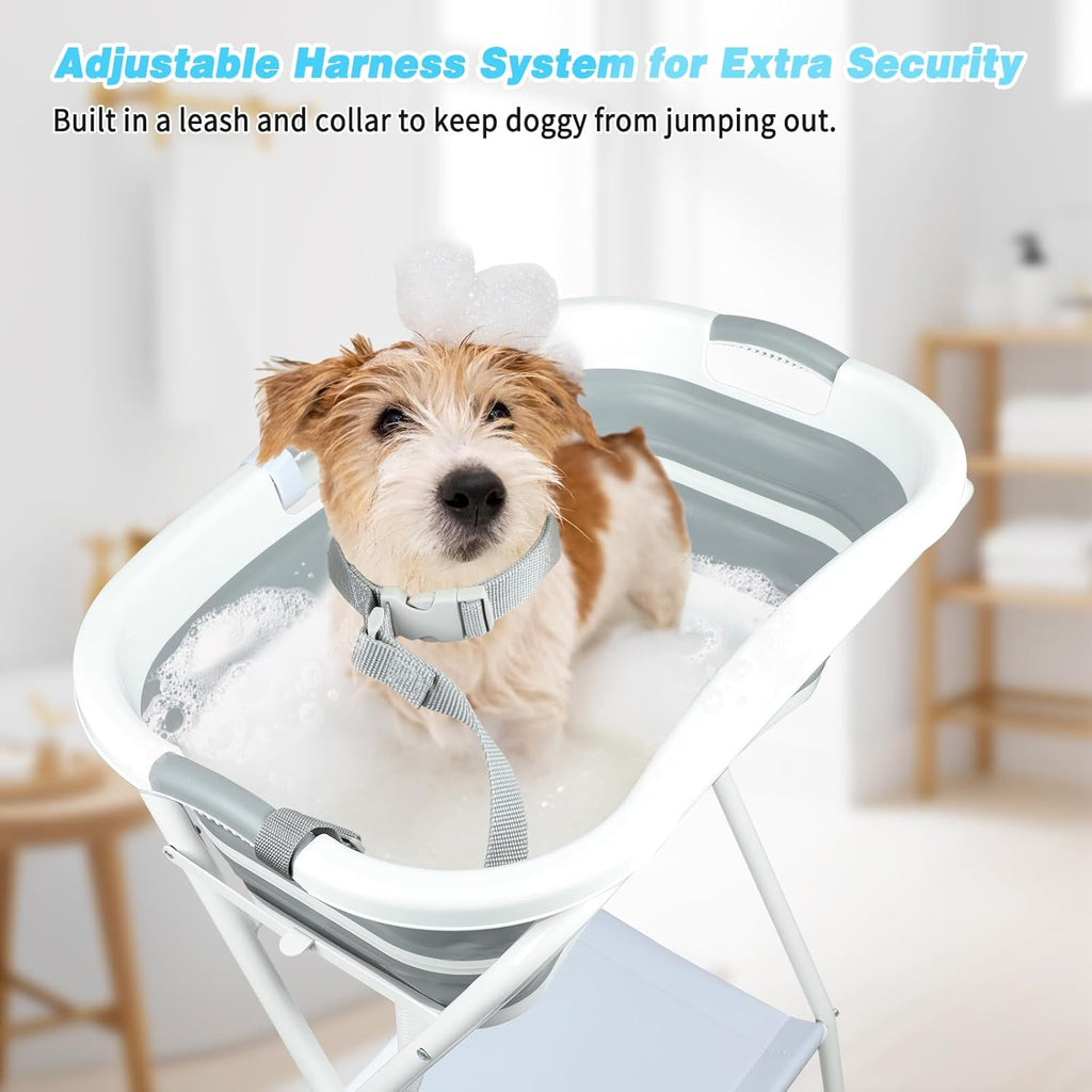 FHTONGE Elevated Dog Bathtub Grooming Station with Drain Adjustable Collar, 2 in 1 Collapsible Dogs Beautify Bathtub Portable Pet Washing Station, Pet Tub for Small Medium Dog Cat Shower Hairdressing