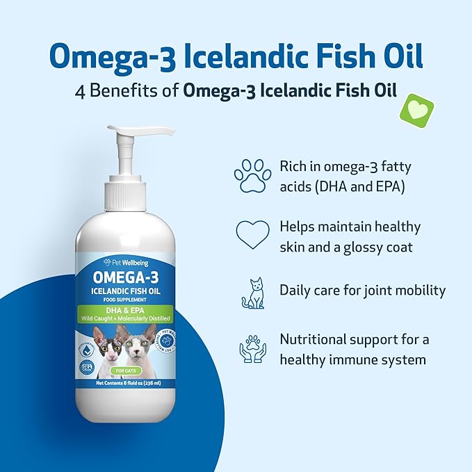 Pet Wellbeing Omega-3 Icelandic Fish Oil for Cats - Wild-Caught, Cold-Water Fish, Healthy Skin and Coat, Joint Health and Mobility, Fatty Acids, Anchovies, Sardines - EPA, DHA - 8 fl oz (236 ml)