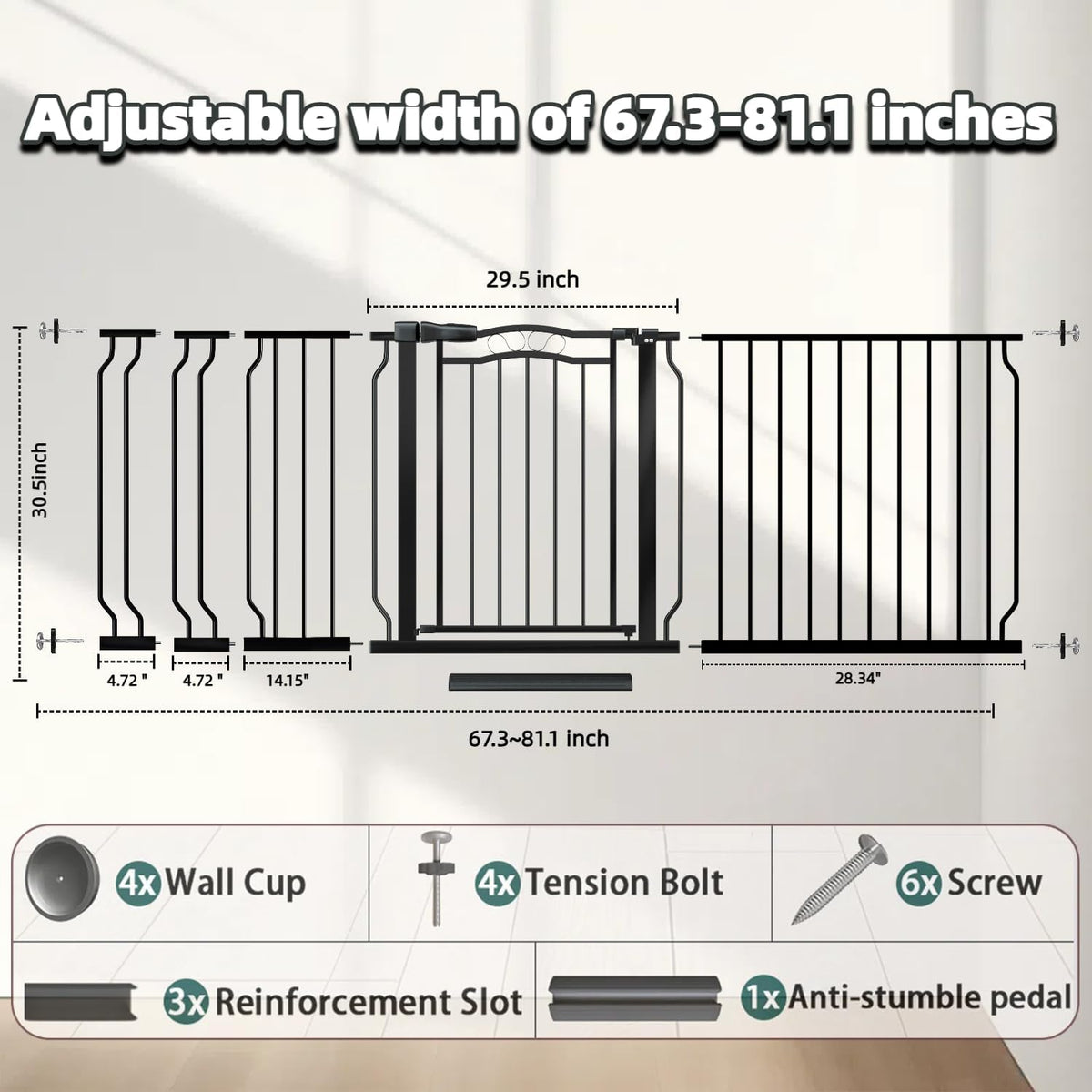 Extra Wide Baby Gate 67.3-81.1 Inch, Pressure Mounted Dog Gate Indoor, Walk Thru Pet Gate for Cat Dog Child,Pet Gates for The House Stairs Doorway Black