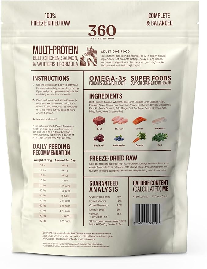 360 Pet Nutrition Freeze-Dried Raw Dog Food – Multi-Protein with Beef, Chicken, Fish, Liver & Organs, High Protein, Omega-3s, Fruits, Veggies & Superfoods, Grain-Free, No Fillers, 1 lb – Made in USA