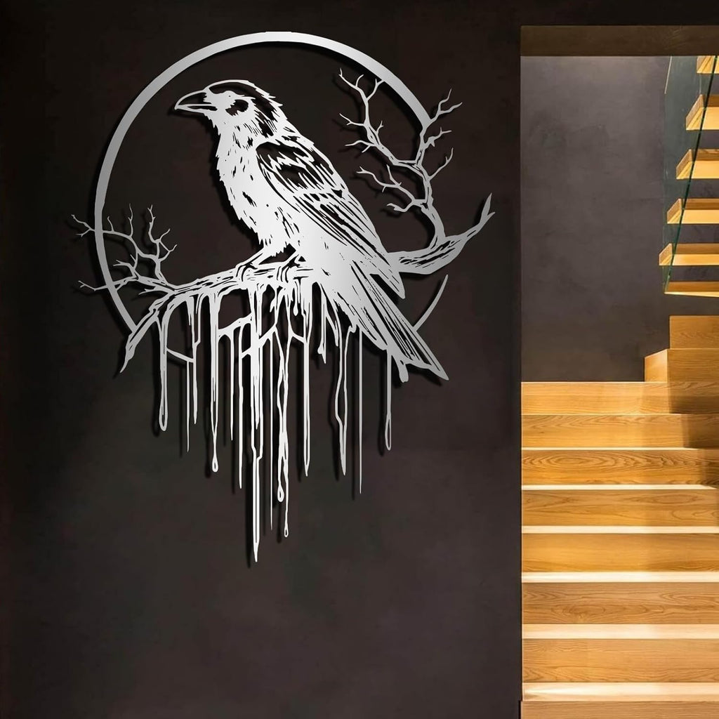 Crow Metal Wall Decor, Raven Wall Art, Large Gothic Raven Decor Hangings, Bird Wall Decor, Metal Tree Branch Decor, Ravens Sign, Raven Art for Living Room (White, 31"x25" | 80x64cm, metal wall art)