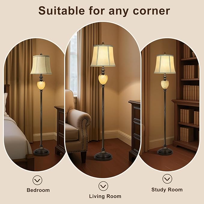 Vintage Floor Lamp with Nightlight, 64" Tall Lamp with Beige Faux Silk Shade, Rotary Switch, Farmhouse Design Brown Standing Lamp for Living Room Bedroom Office Dining Room Corner (LED Bulb Included)