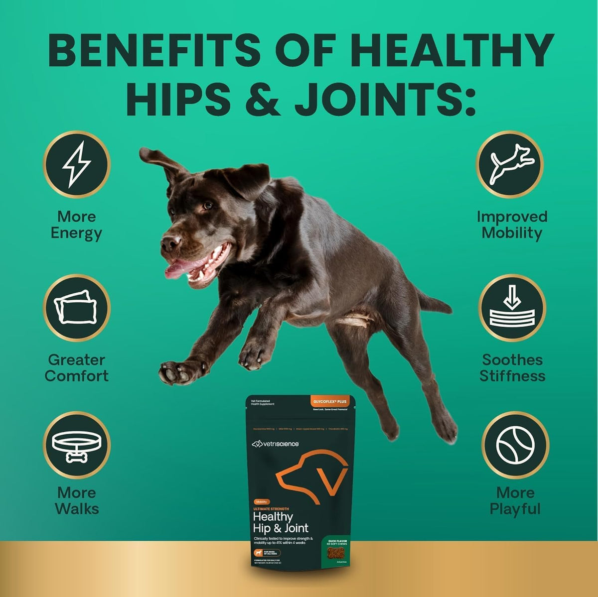 VetriScience Ultimate Strength Healthy Hip & Joint Chews, GlycoFlex Glucosamine, Chondroitin and Green-Lipped Mussel Joint Support Supplement for Dogs, Soothe Joint Discomfort, Duck, 60 Count