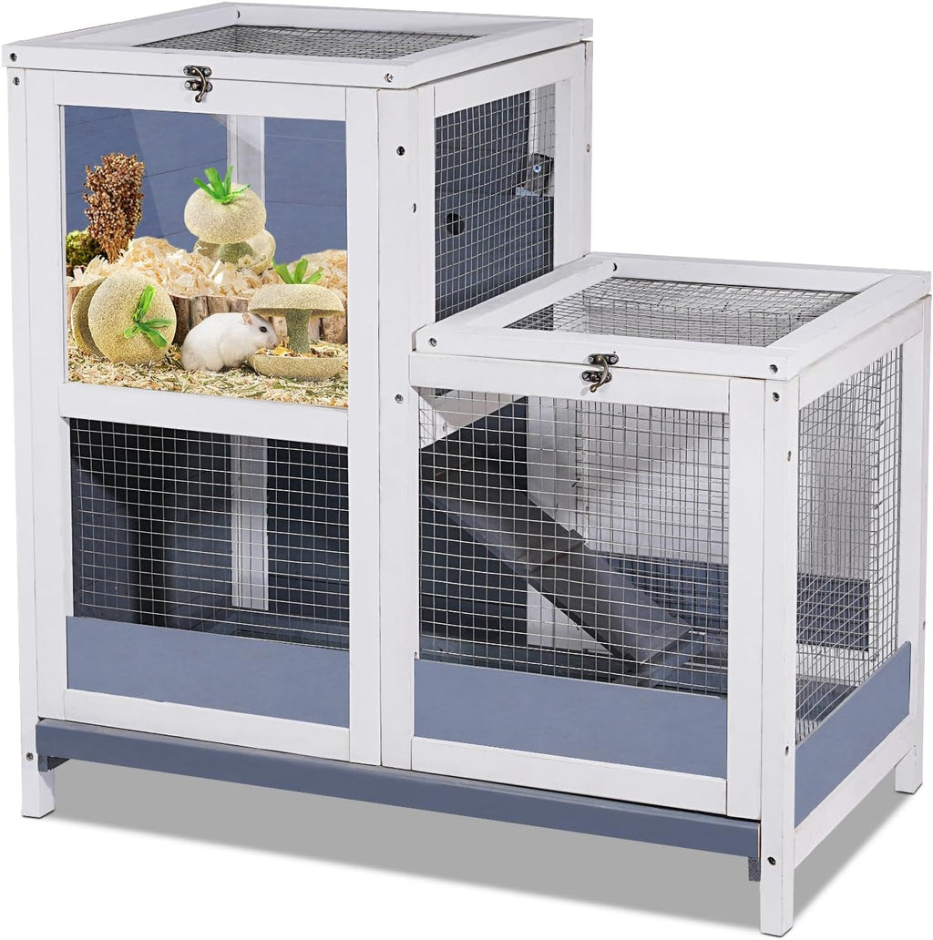 2-Story Guinea Pig Cages Wooden Indoor Rabbit Hutch Hamster Cage with Openable Roofs, Removable Tray and Wide Ramp, Small Animal Habitats for Hamsters, Guinea Pig, Ferrets, Hedgehog