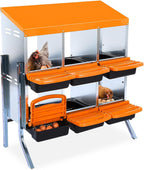 Chicken Nesting Boxes, 6 Hole Metal Chicken Laying Box with with Removable Trays and Roll Out Egg Collection for Chicken Coop, with Metal Bracket, Orange