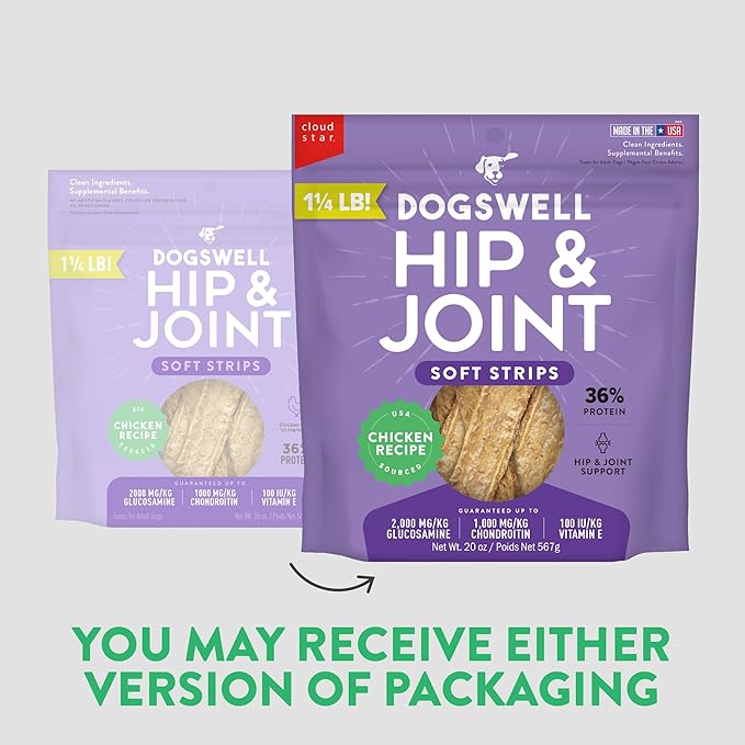 DOGSWELL Hip & Joint Dog Treats 100% Meaty, Grain Free, Glucosamine Chondroitin & Omega 3, Chicken Soft Strips 20 oz