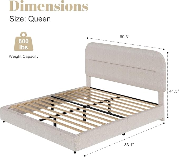 HOMBCK Bed Frame Queen Size, Boucle Upholstered Platform Queen Bed Frame with Headboard, Soft Headboard with Rounded Corners Design, Wood Slats, No Box Spring Required, Easy Assembly, Beige