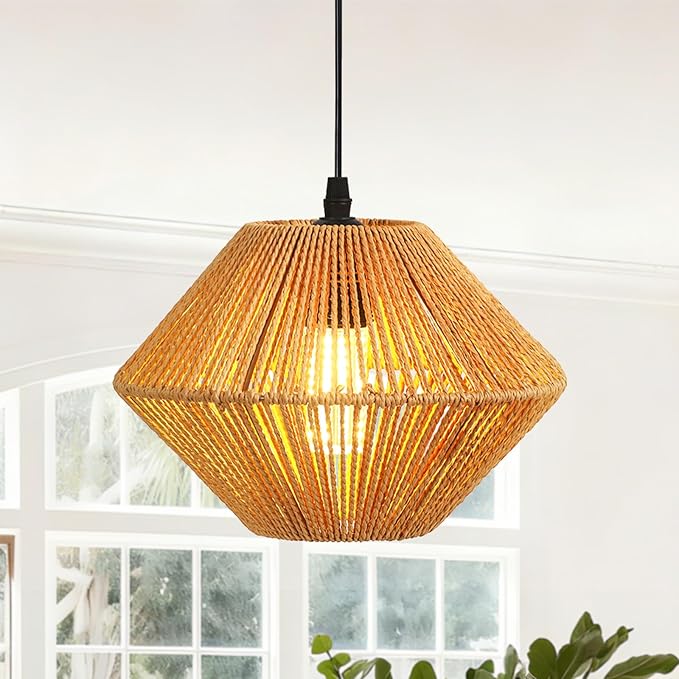 10''Natural Rattan Chandelier Pendant Lights -Small Farmhouse Boho Rattan Hanging lamp with Included E27 Bulb, 120V Wicker Pendant Lamps for Dining Room Kitchen Bedroom Living Room Island
