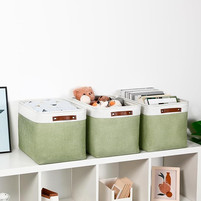 DULLEMELO 16 inch Fabric Storage Basket, Decorative Storage Boxes with Leather Handle for Closet Shelf Nursery, Collapsible Linen Storage Bins for Organizing Toys Book Towel Organizers(White&Green)