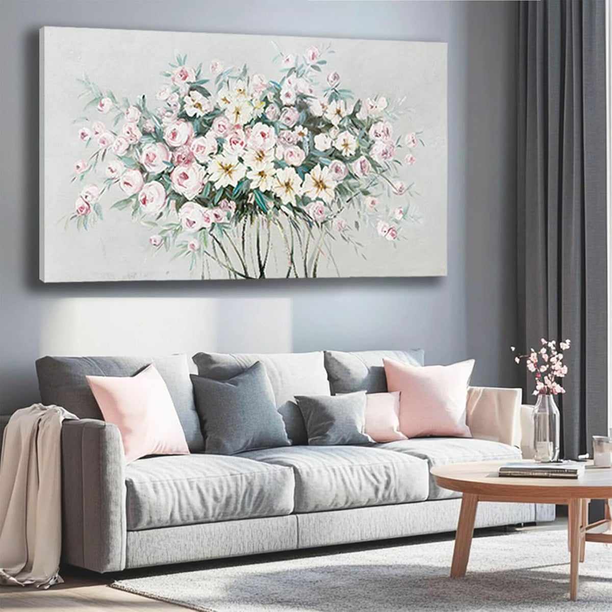 Green Wall Art Floral Home Decor Sage Green Pictures Wall Decor Pink Photo Pictures Flowers Wall Decorations for Girls Room 29"x58"