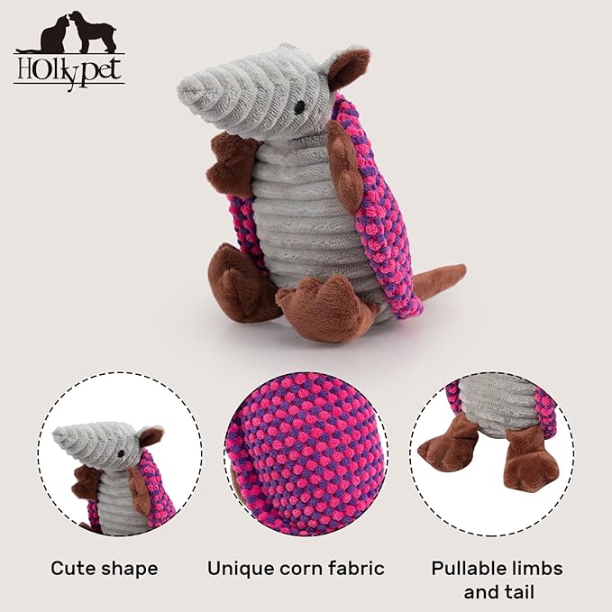 Hollypet Plush Dog Squeaky Toy Stuffed Armadillo Animal Pet Puppy Chew Toys with Clean Teeth for Small Medium Large All Breed Sizes Dogs, Rose Red and Purple,8 in