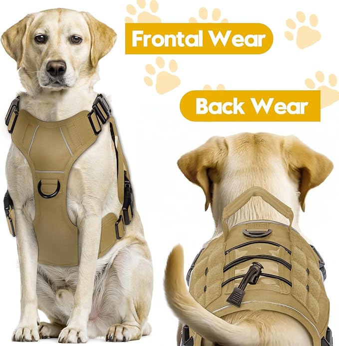 Heavy-Duty Tactical Dog Harness for Large Dogs, No Pull Adjustable Reflective Pet Vest with Molle System, K9 Military-Grade Control for Service Training, Outdoor & 10+ Breeds, Khaki, Small