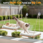 Cat Window Perch, Rustic Cat Hammock Bed with Solid Wood Seat 4 Heavy Duty Suction Cups, Plush Cushion, Indoor Pet Window Hammock for Cats for Large Cats (XL)