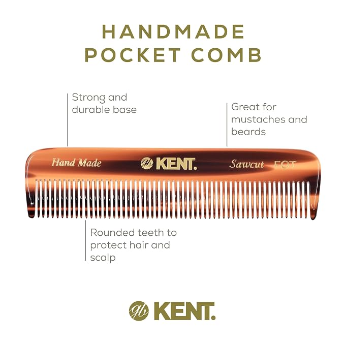 Kent FOT Fine Tooth Handmade Pocket Comb for Men, Women and Kids, Hair Comb Straightener for Everyday Grooming and Styling, Beard and Mustache, Saw Cut, Hand Polished, Made in England