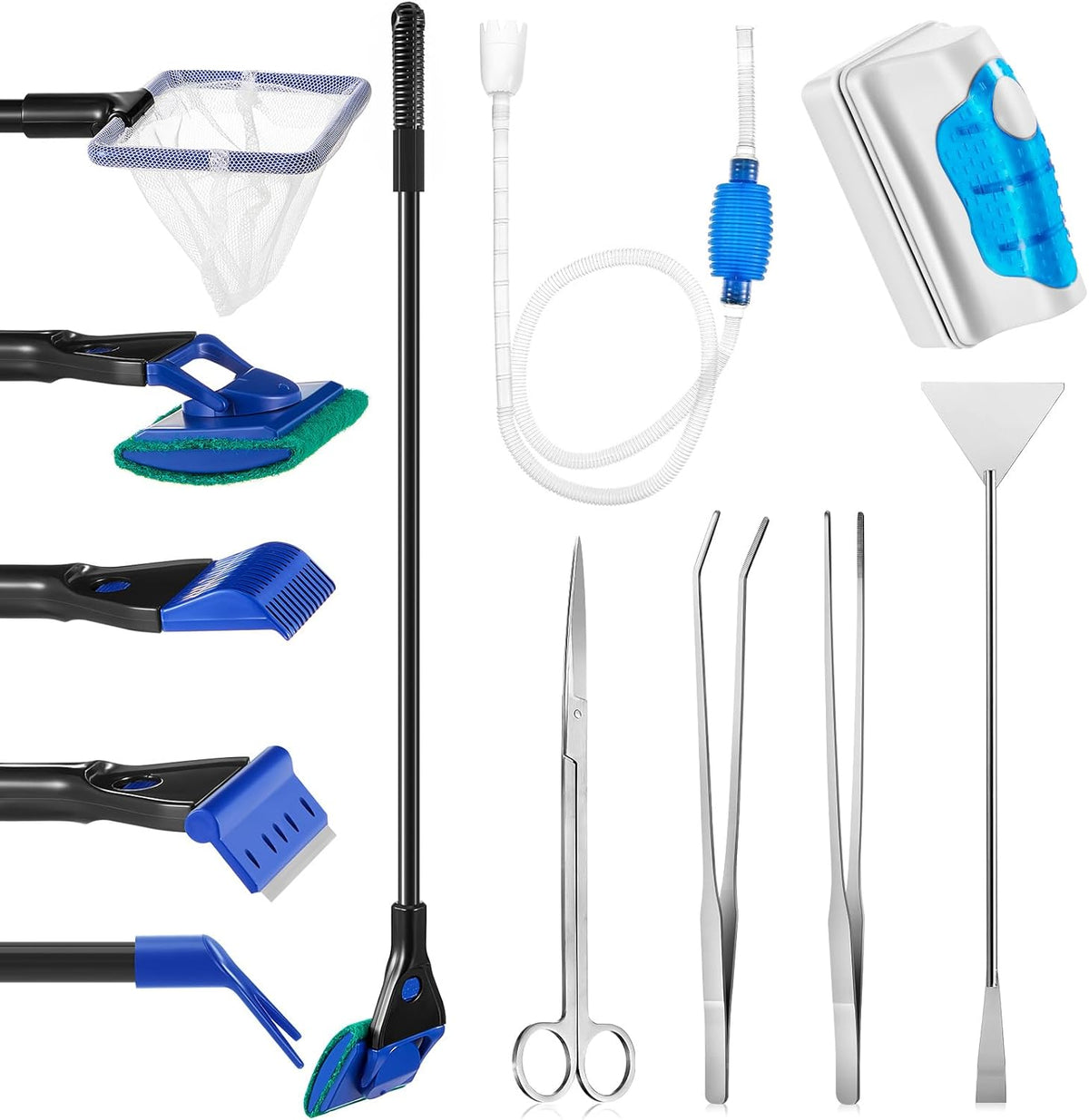 Aquarium Fish Tank Cleaning Tool Kit Include 4 Pcs Long Aquascape Tools Kit 1 Pcs Magnetic Glass Cleaner Brush 5 in 1 Fish Tank Gravel Cleaner and Siphon Vacuum for Terrarium Fish Tank Set