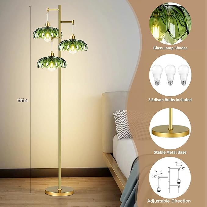 Gold Floor Lamps for Living Room Vintage Floor Lamp with Glass Lmapshape & Three Led Bulb,Green Floor Lamp Brass Mid Century Modern Standing Lamp Tall Tree Flower Floor Lamps for Bedroom,Office,Corner