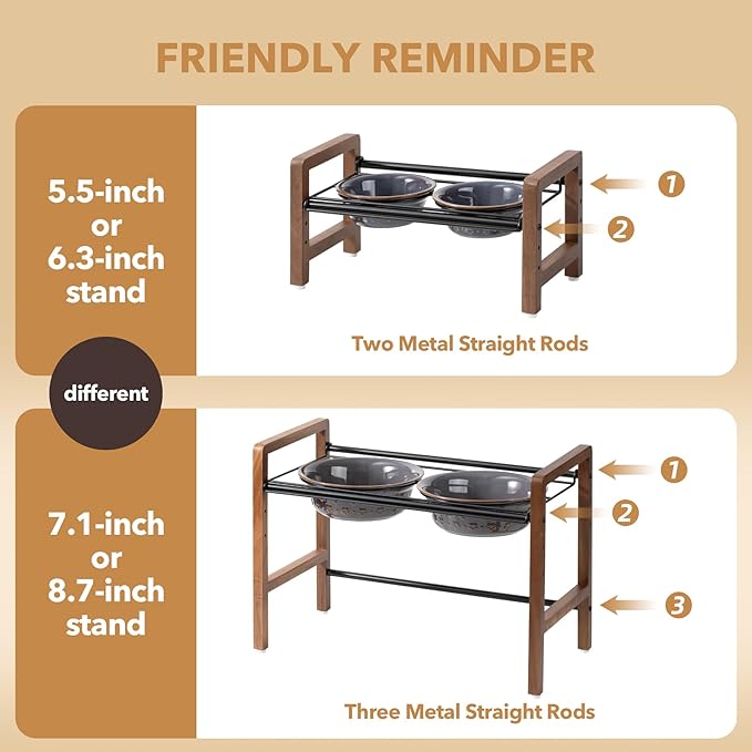 5.5inch Ceramic Adjustable Raised Double Bowls Set with Stand, 3 Heights Elevated, 2 Placement Options, Food and Water Dishes for Puppy, Cats（Double Bowls+Stand, Reactived Glaze -Grey