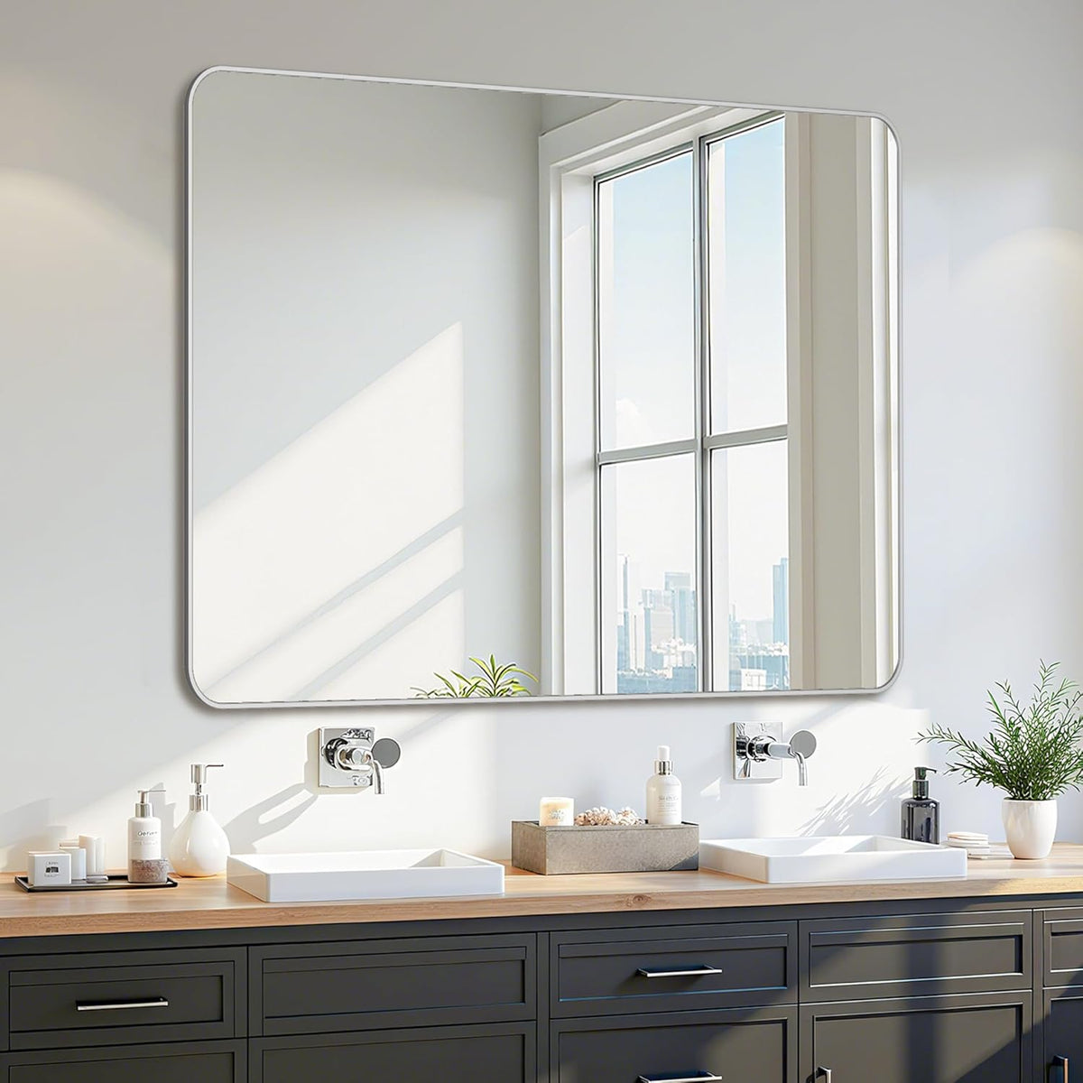 Bathroom Mirror 48" x 36", Large Rectangle Wall Mirror, Silver Metal Frame Wall Mounted Mirrors for Bathroom, Vanity, Bedroom, Entryway Decor(Horizontal/Vertical)