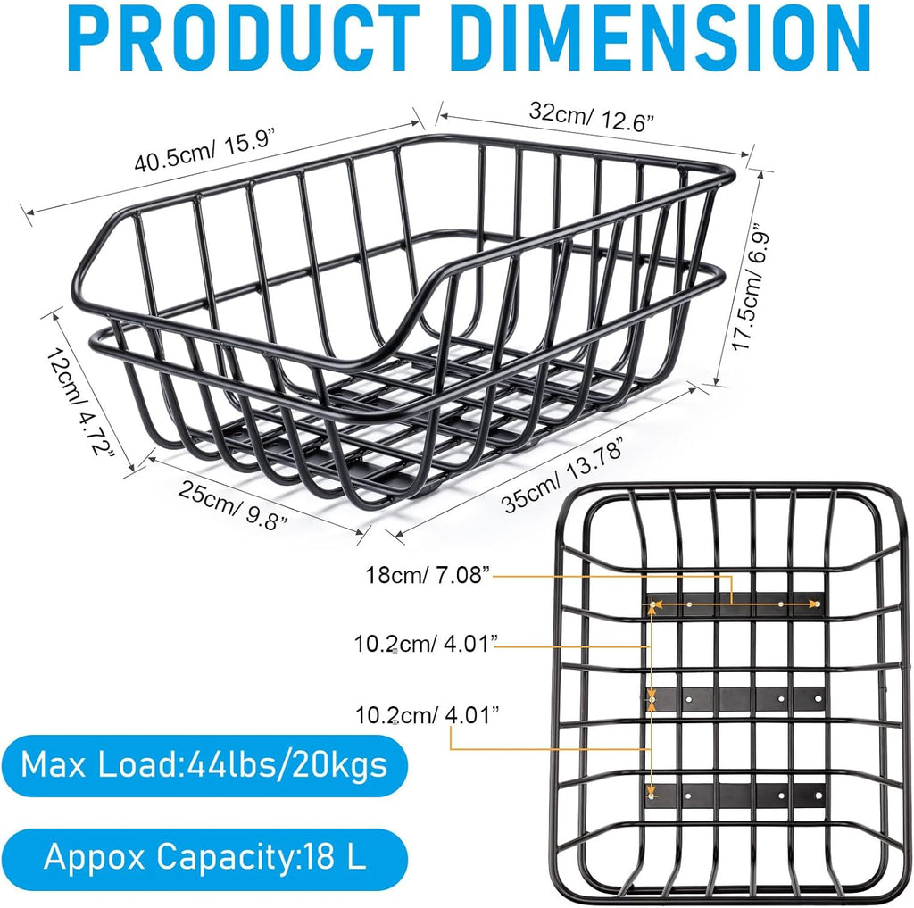 CXWXC Rear Bike Basket - Bicycle Rear Basket with Cargo Net and Waterproof Cover - Rear Mount Aluminium Bike Basket Large Capacity